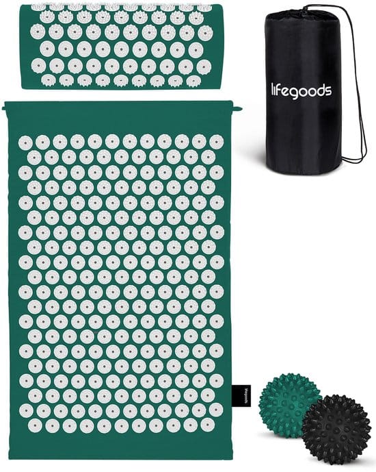 LifeGoods Spijkermat met Kussen - Shakti Mat - Acupressuur Mat - Spijkerbed - Massage Mat - Voor Pijnverlichting, Spierherstel, Stressverlichting en Meer - Incl. 2x Triggerpoint Bal - 60x40x2cm - Groen